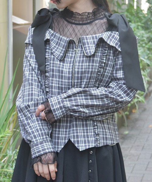 axes femme(アクシーズファム)の「チェックオフショルリボンプルオーバー(シャツ/ブラウス・レディース・グレー/ベージュ/ブラック・FREE)」の2枚目の写真