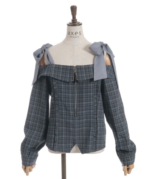 axes femme(アクシーズファム)の「チェックオフショルリボンプルオーバー(シャツ/ブラウス・レディース・グレー/ベージュ/ブラック・FREE)」の19枚目の写真