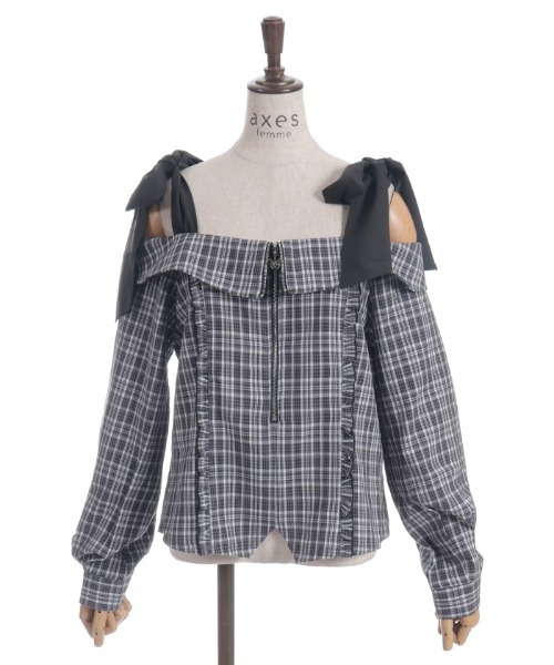 axes femme(アクシーズファム)の「チェックオフショルリボンプルオーバー(シャツ/ブラウス・レディース・グレー/ベージュ/ブラック・FREE)」の4枚目の写真
