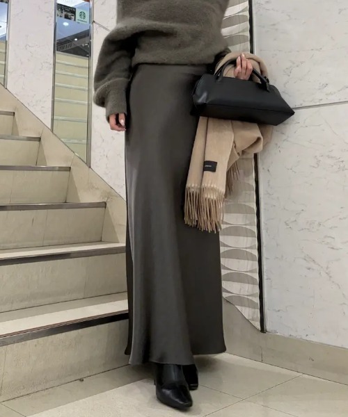 サテンナロースカート　anuans sサイズ　charcoal brown アニュアンス anuans レースレイヤードサテンナロースカート