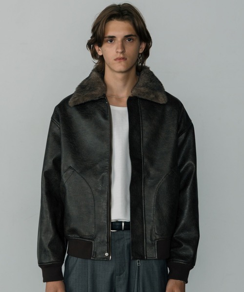 LURAKU】Synthetic Leather Fur Collar Jacket / LURAKU
