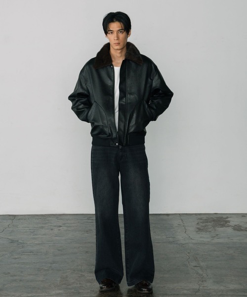 LURAKU】Synthetic Leather Fur Collar Jacket / LURAKU