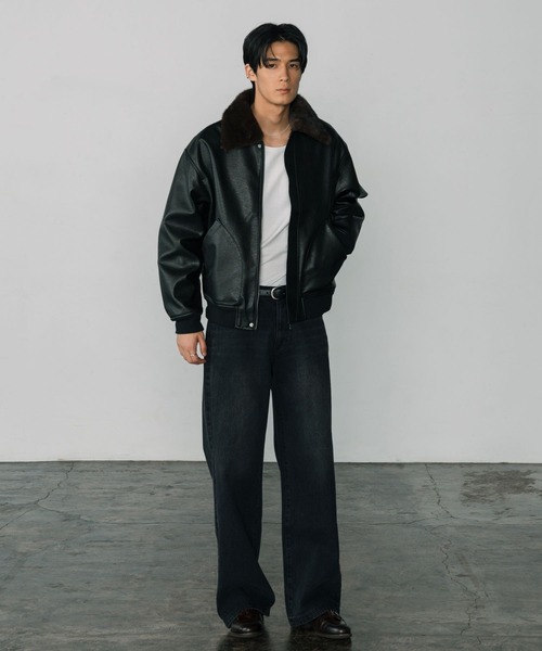 LURAKU】Synthetic Leather Fur Collar Jacket / LURAKU