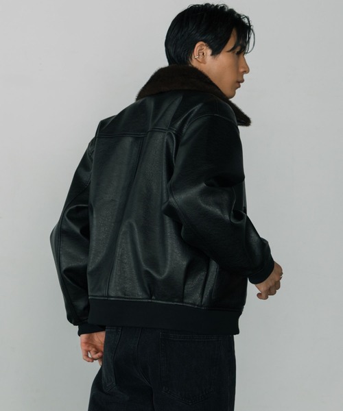 LURAKU】Synthetic Leather Fur Collar Jacket / LURAKU