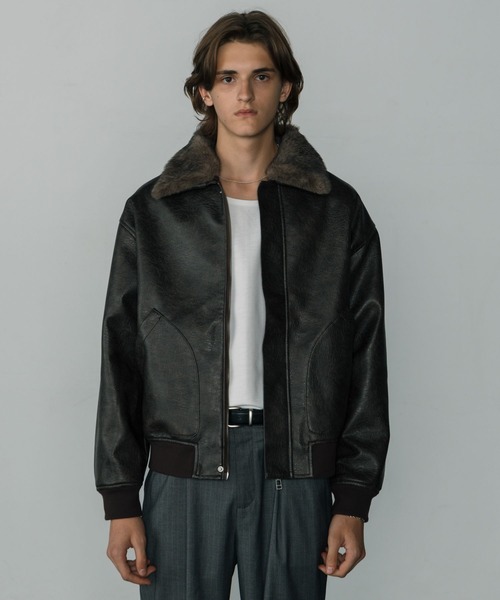 LURAKU】Synthetic Leather Fur Collar Jacket / LURAKU