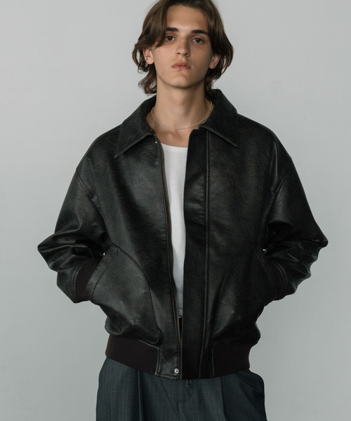 LURAKU】Synthetic Leather Fur Collar Jacket / LURAKU