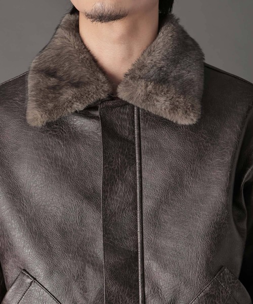 LURAKU】Synthetic Leather Fur Collar Jacket / LURAKU