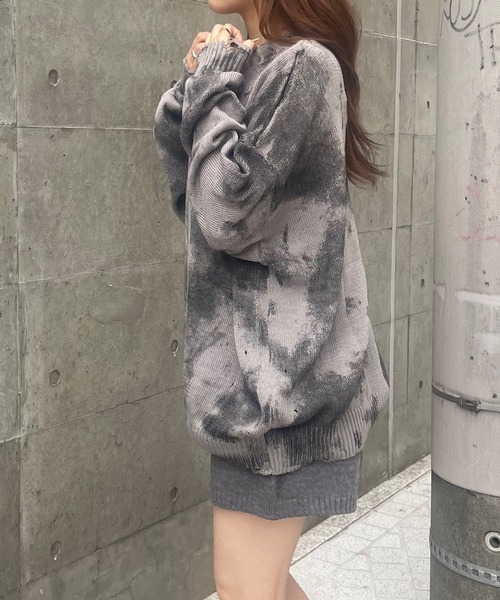 セール】ムラ染めプリントブロークンニットプルオーバー（ニット