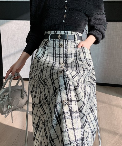 a lot of love（ア ロット オブ ラブ）の「フロントボタン ツイードチェックスカート（スカート・レディース・ホワイト/ブラック・FREE）」の10枚目の写真