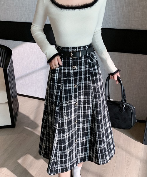 a lot of love（ア ロット オブ ラブ）の「フロントボタン ツイードチェックスカート（スカート・レディース・ホワイト/ブラック・FREE）」の3枚目の写真