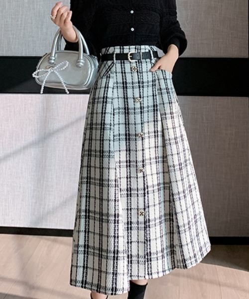 a lot of love（ア ロット オブ ラブ）の「フロントボタン ツイードチェックスカート（スカート・レディース・ホワイト/ブラック・FREE）」の9枚目の写真