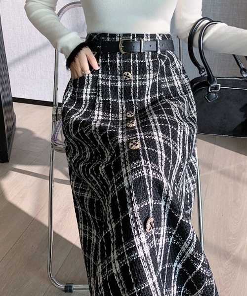 a lot of love（ア ロット オブ ラブ）の「フロントボタン ツイードチェックスカート（スカート・レディース・ホワイト/ブラック・FREE）」の6枚目の写真