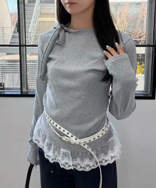 mebole(メボレ)の「リボンネックコンパクトリブニット(ニット/セーター・レディース・グレー/ホワイト/ブラック・FREE)」の3枚目の写真