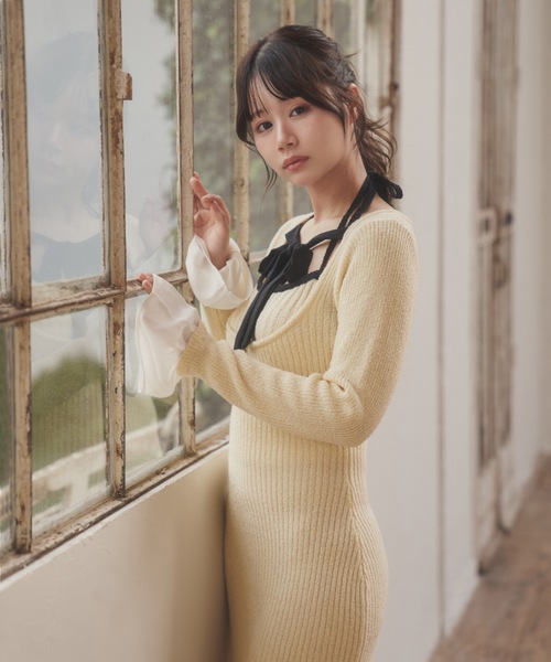 M DOLLY(エムドリー)の「*M DOLLY original* chiffon ribbon luna knit dress/シフォンリボンルナニットドレス(ワンピース・レディース・アイボリー/ブラック・FREE)」の1枚目の写真