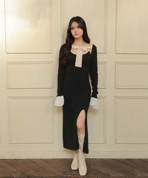 M DOLLY(エムドリー)の「*M DOLLY original* chiffon ribbon luna knit dress/シフォンリボンルナニットドレス(ワンピース・レディース・アイボリー/ブラック・FREE)」の2枚目の写真