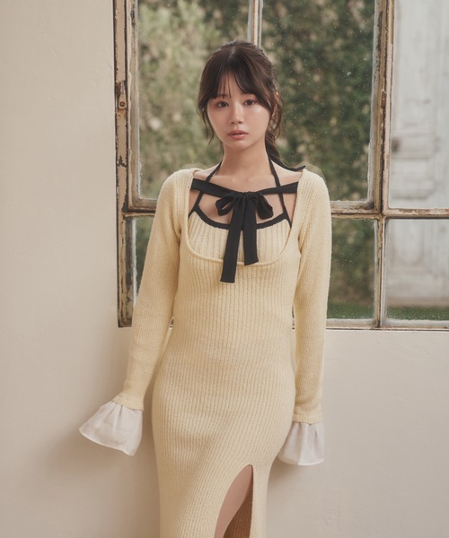 M DOLLY(エムドリー)の「*M DOLLY original* chiffon ribbon luna knit dress/シフォンリボンルナニットドレス(ワンピース・レディース・アイボリー/ブラック・FREE)」の9枚目の写真