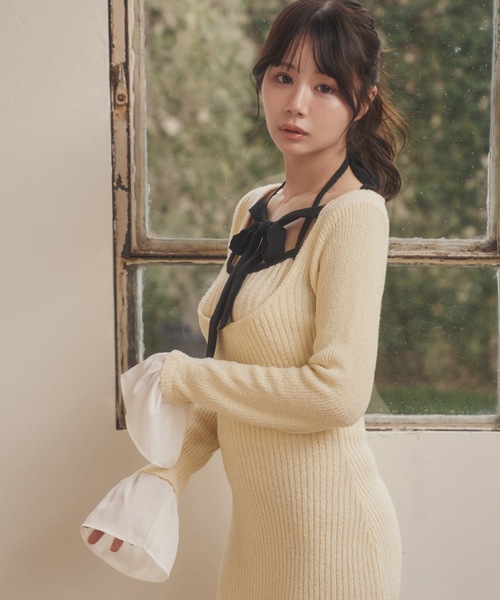 M DOLLY(エムドリー)の「*M DOLLY original* chiffon ribbon luna knit dress/シフォンリボンルナニットドレス(ワンピース・レディース・アイボリー/ブラック・FREE)」の10枚目の写真