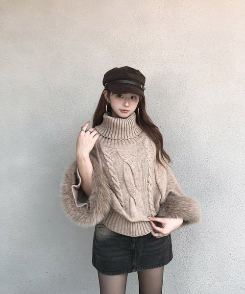セール】フェイクファー付きケーブルニットポンチョ（ニット/セーター