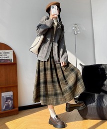 ウエストボタンチェックフレアスカート