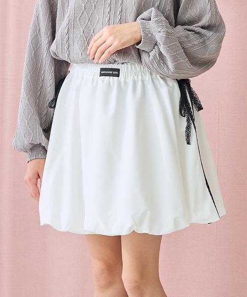 Amourire girl（アムリールガール）の「サイドリボンレース バルーンスカート（スカート・キッズ・ブラック/オフホワイト・130cm/140cm/150cm/160cm）」の3枚目の写真