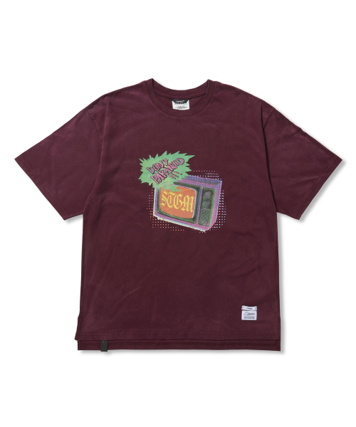 Paranoid TV Vintage-Like Washed Oversized Short Sleeves T-Shirts Burgundy
