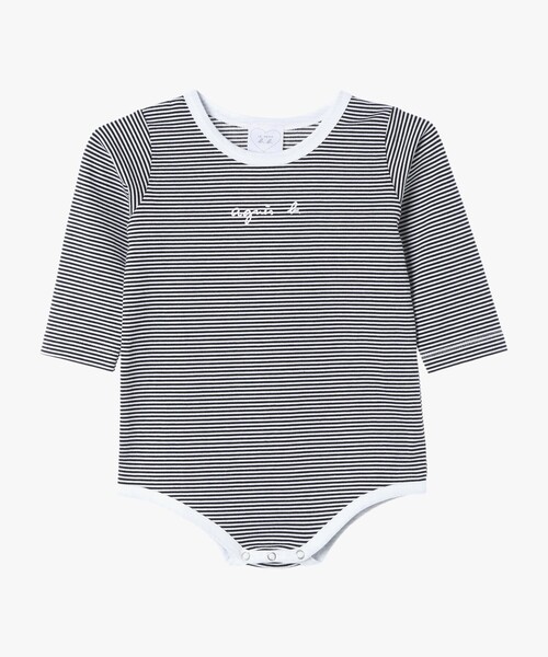 agnes b.（アニエスベー）の「ベビー ロゴ ボーダー コットン 長袖 ボディスーツ 2枚組（ロンパース・キッズ・ホワイト・1YEAR/6MONTH）」の2枚目の写真