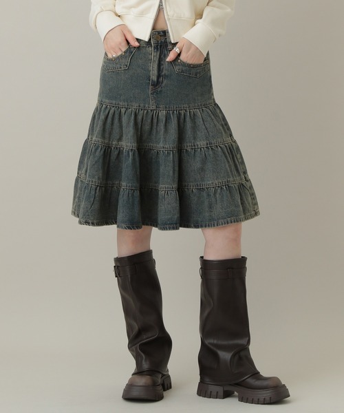 3.3 Field Trip （3.3フィールドトリップ）の「3.3 Field Trip／ヴィンテージライクティアードデニムスカート（デニムスカート・レディース・ブルー/ブラック・FREE）」の4枚目の写真