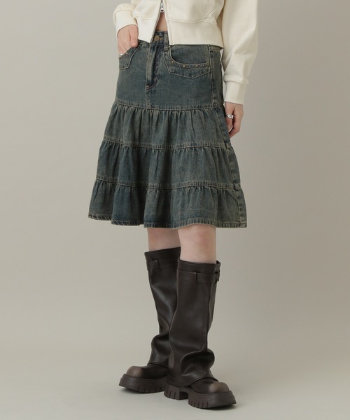 3.3 Field Trip （3.3フィールドトリップ）の「3.3 Field Trip／ヴィンテージライクティアードデニムスカート（デニムスカート・レディース・ブルー/ブラック・FREE）」の5枚目の写真