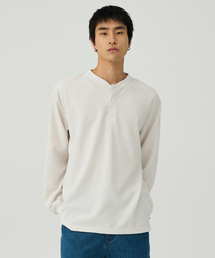 スウェグバー3562 ワッフルヘンリーネックオーバーサイズダーティホワイト長袖Tシャツ