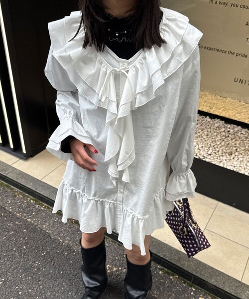 CIAOPANIC（チャオパニック）の「ラッフル付け襟SETチュニックブラウス（シャツ/ブラウス・レディース・ブラック/ホワイト/ブラウン・ONE SIZE）」の2枚目の写真