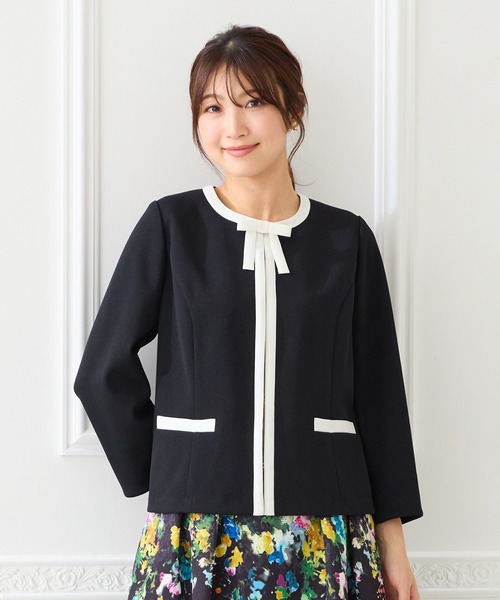 Rose Tiara（ローズティアラ）の「【リボンブローチ付】配色ノーカラージャケット（ノーカラージャケット・レディース・オフホワイト/ブラック・38/46/42/40）」の9枚目の写真