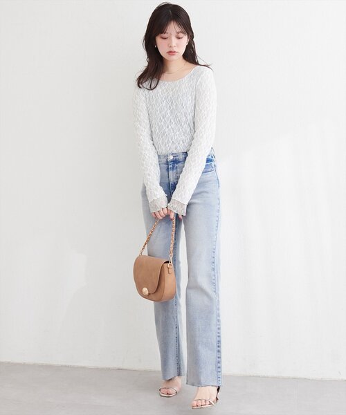 natural couture（ナチュラルクチュール）の「セルフカットストレートデニムフレアパンツ（デニムパンツ・レディース・サックスブルー/ブルー・LARGE/MEDIUM）」の4枚目の写真