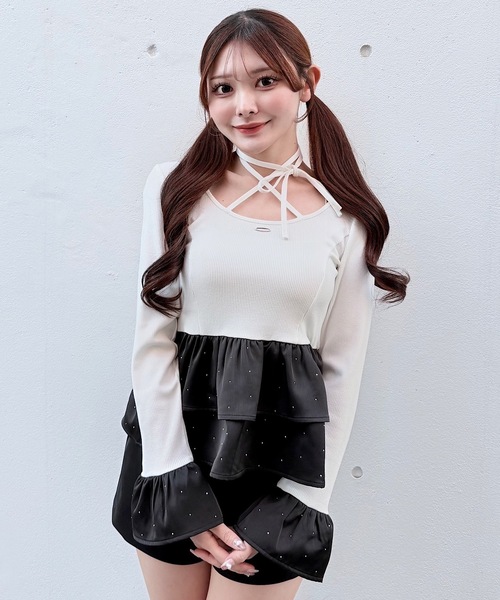 NOMAE（ノーマエ）の「ストーンドットペプラムトップス（Tシャツ/カットソー・レディース・ピンク/ホワイト/ブルー/ブラック・FREE）」の2枚目の写真