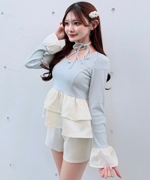 NOMAE（ノーマエ）の「ストーンドットペプラムトップス（Tシャツ/カットソー・レディース・ピンク/ホワイト/ブルー/ブラック・FREE）」の4枚目の写真