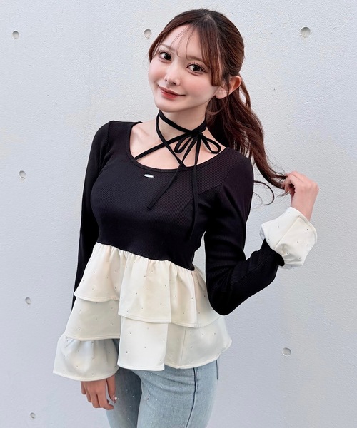 NOMAE（ノーマエ）の「ストーンドットペプラムトップス（Tシャツ/カットソー・レディース・ピンク/ホワイト/ブルー/ブラック・FREE）」の3枚目の写真