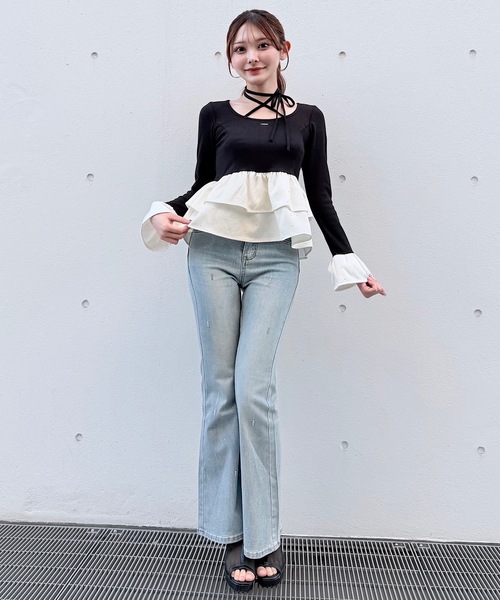 NOMAE（ノーマエ）の「ストーンドットペプラムトップス（Tシャツ/カットソー・レディース・ピンク/ホワイト/ブルー/ブラック・FREE）」の14枚目の写真