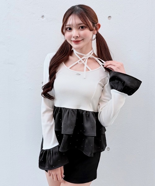 NOMAE（ノーマエ）の「ストーンドットペプラムトップス（Tシャツ/カットソー・レディース・ピンク/ホワイト/ブルー/ブラック・FREE）」の5枚目の写真