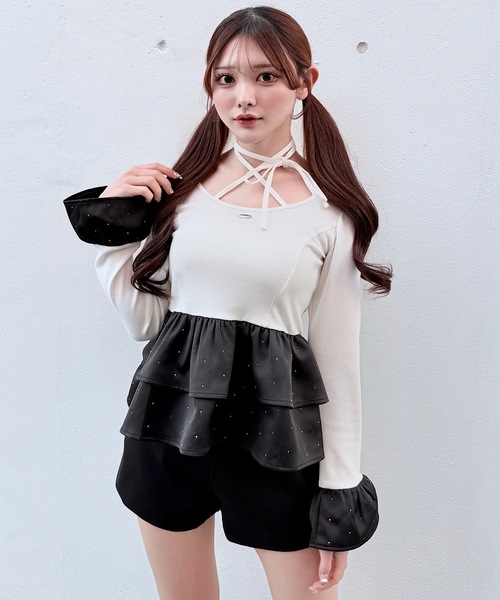 NOMAE（ノーマエ）の「ストーンドットペプラムトップス（Tシャツ/カットソー・レディース・ピンク/ホワイト/ブルー/ブラック・FREE）」の7枚目の写真