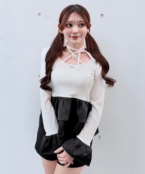 NOMAE（ノーマエ）の「ストーンドットペプラムトップス（Tシャツ/カットソー・レディース・ピンク/ホワイト/ブルー/ブラック・FREE）」の6枚目の写真