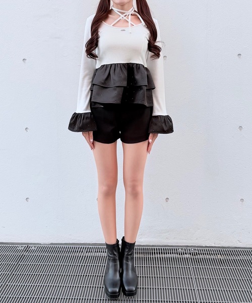 NOMAE（ノーマエ）の「ストーンドットペプラムトップス（Tシャツ/カットソー・レディース・ピンク/ホワイト/ブルー/ブラック・FREE）」の11枚目の写真