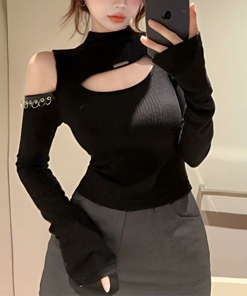 gossip!ロサンゼルス(ゴシップロサンゼルス)の「フロントオープン ハイネックトップス(Tシャツ/カットソー・レディース・ブラウン/ブラック/グレー・S)」の7枚目の写真
