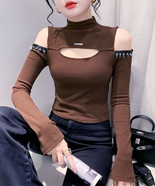 gossip!ロサンゼルス(ゴシップロサンゼルス)の「フロントオープン ハイネックトップス(Tシャツ/カットソー・レディース・ブラウン/ブラック/グレー・S)」の18枚目の写真