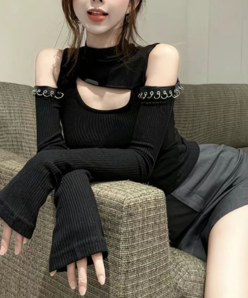 gossip!ロサンゼルス(ゴシップロサンゼルス)の「フロントオープン ハイネックトップス(Tシャツ/カットソー・レディース・ブラウン/ブラック/グレー・S)」の5枚目の写真