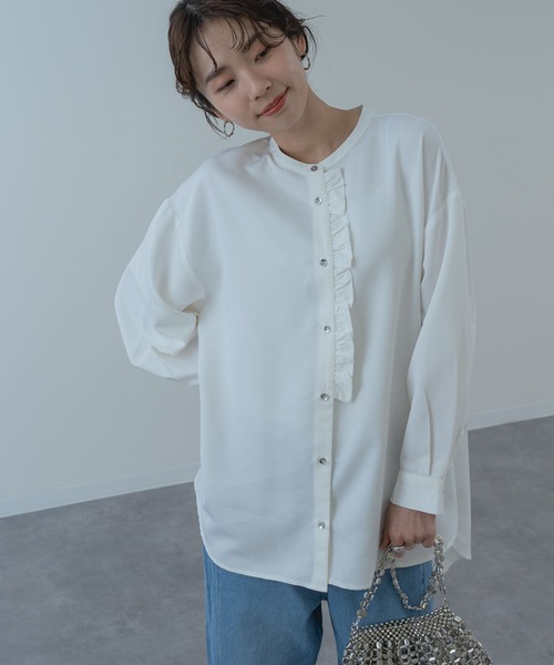 ANNA LUNA(アンナルナ)の「【ANNA LUNA】フロントフリル がポイントの バンドカラー チュニック(シャツ/ブラウス・レディース・ネイビー/オフホワイト/サックスブルー・MEDIUM)」の18枚目の写真