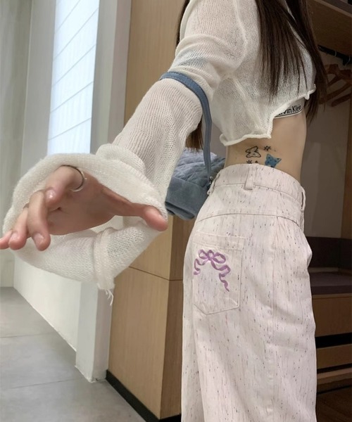 WEGO(ウィゴー)の「リボン刺繍ワイドデニム(デニムパンツ・レディース・ライトピンク・MEDIUM/LARGE)」の10枚目の写真