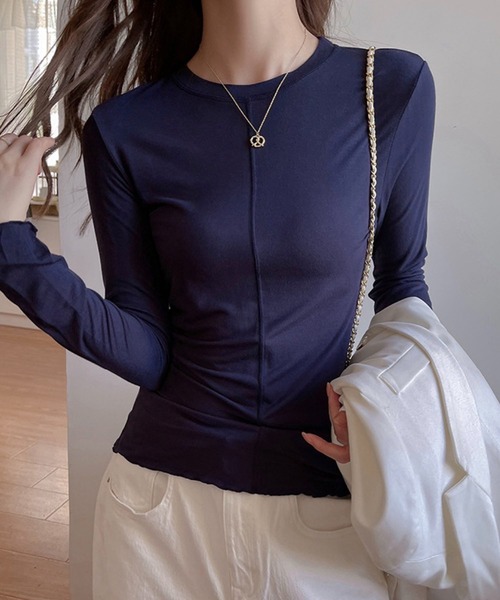 VIBGYOR（ヴィブジョー）の「【EIZZ/アイズ】センターシーム スリム ロンT / 縦ラインデザイン 長袖 カットソー（Tシャツ/カットソー・レディース・ホワイト/ネイビー/グレー/ブラック・FREE）」の10枚目の写真
