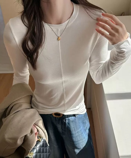 VIBGYOR（ヴィブジョー）の「【EIZZ/アイズ】センターシーム スリム ロンT / 縦ラインデザイン 長袖 カットソー（Tシャツ/カットソー・レディース・ホワイト/ネイビー/グレー/ブラック・FREE）」の20枚目の写真