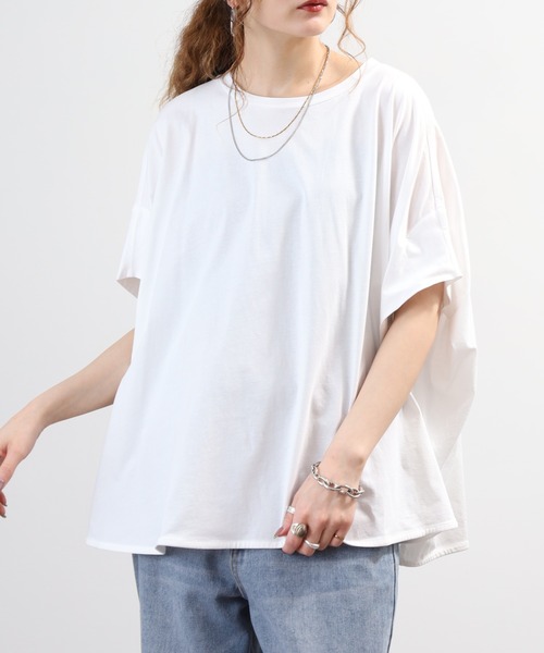 EGLANTINE(エグランティーヌ)の「EGLANTINE ドルマンフレアーカットソー 半端袖(Tシャツ/カットソー・レディース・オレンジ/オフホワイト/ブラック・40)」の1枚目の写真