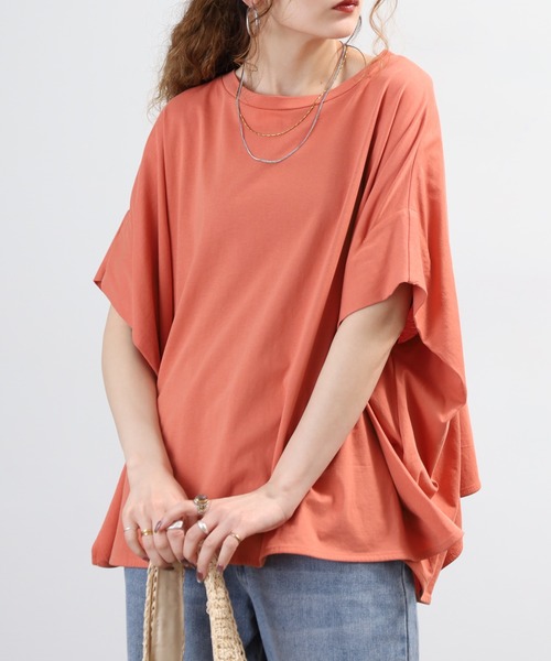EGLANTINE(エグランティーヌ)の「EGLANTINE ドルマンフレアーカットソー 半端袖(Tシャツ/カットソー・レディース・オレンジ/オフホワイト/ブラック・40)」の3枚目の写真