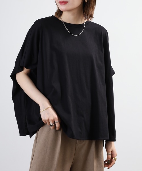 EGLANTINE(エグランティーヌ)の「EGLANTINE ドルマンフレアーカットソー 半端袖(Tシャツ/カットソー・レディース・オレンジ/オフホワイト/ブラック・40)」の2枚目の写真
